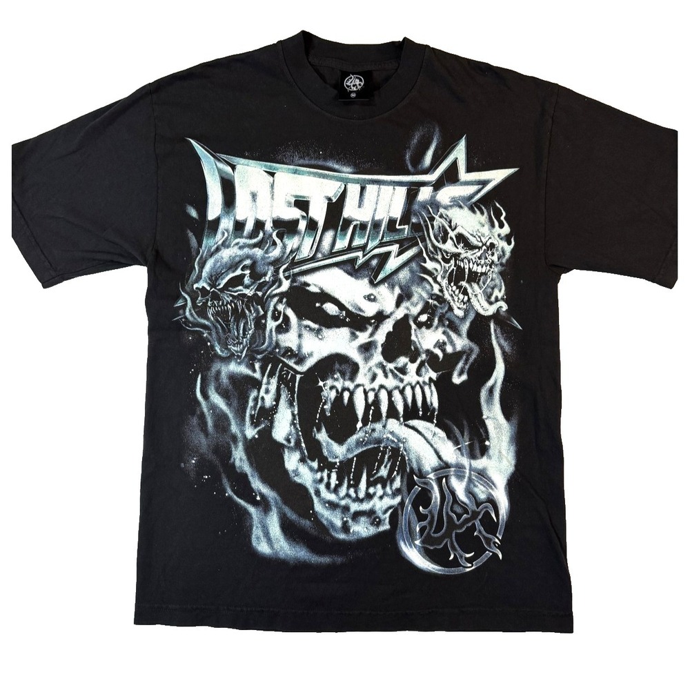 Lost Hills‎ Shirt Mens M Black Skull Flames Graphic Gothic Streetwear Metal USA